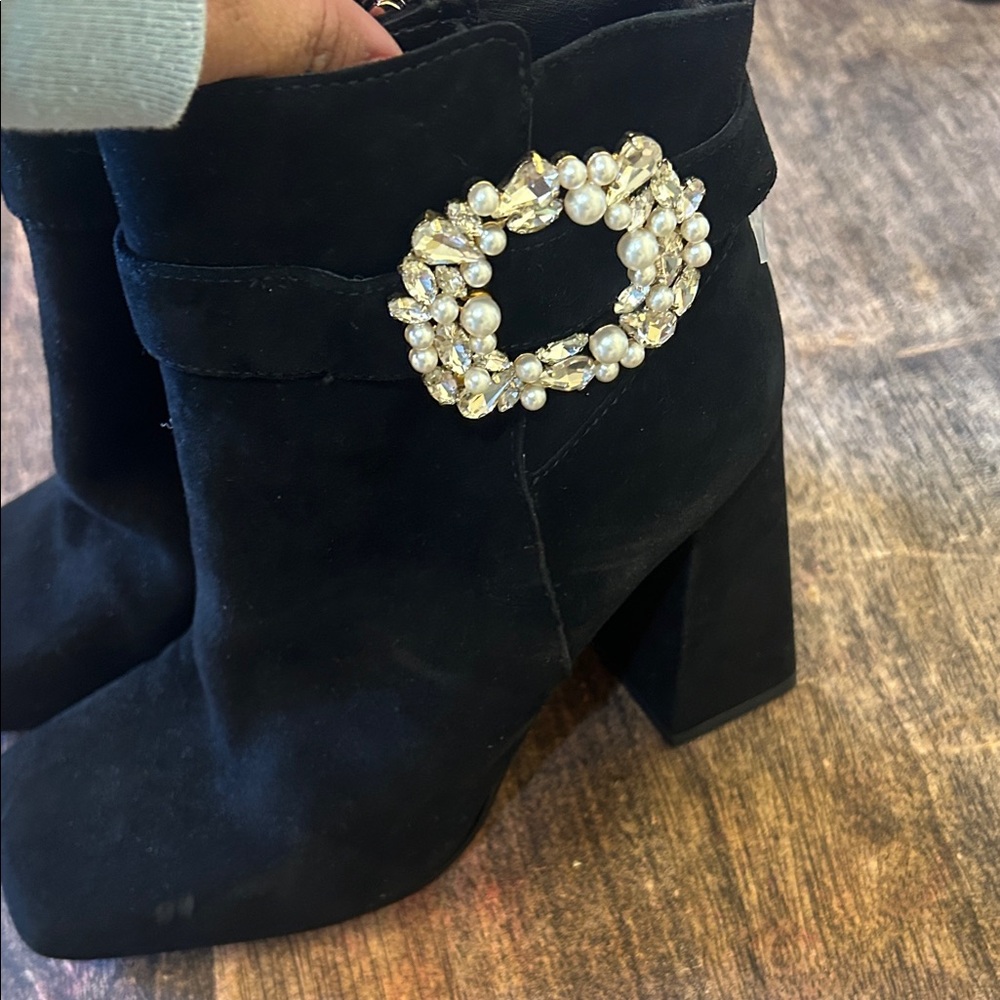 Jessica Simpson Black Suede Ankle Boots with Crystal Embellished Buckle - Picture 7 of 13